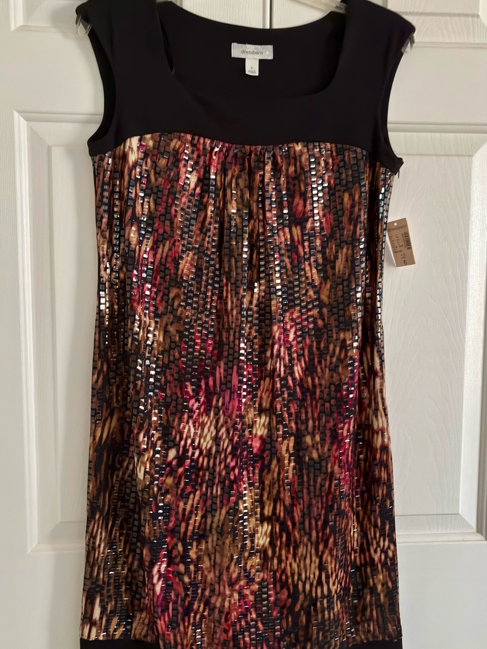 dressbarn Black Yoke Sequin Animal-Print Shift Dress with Brown & Red Accents